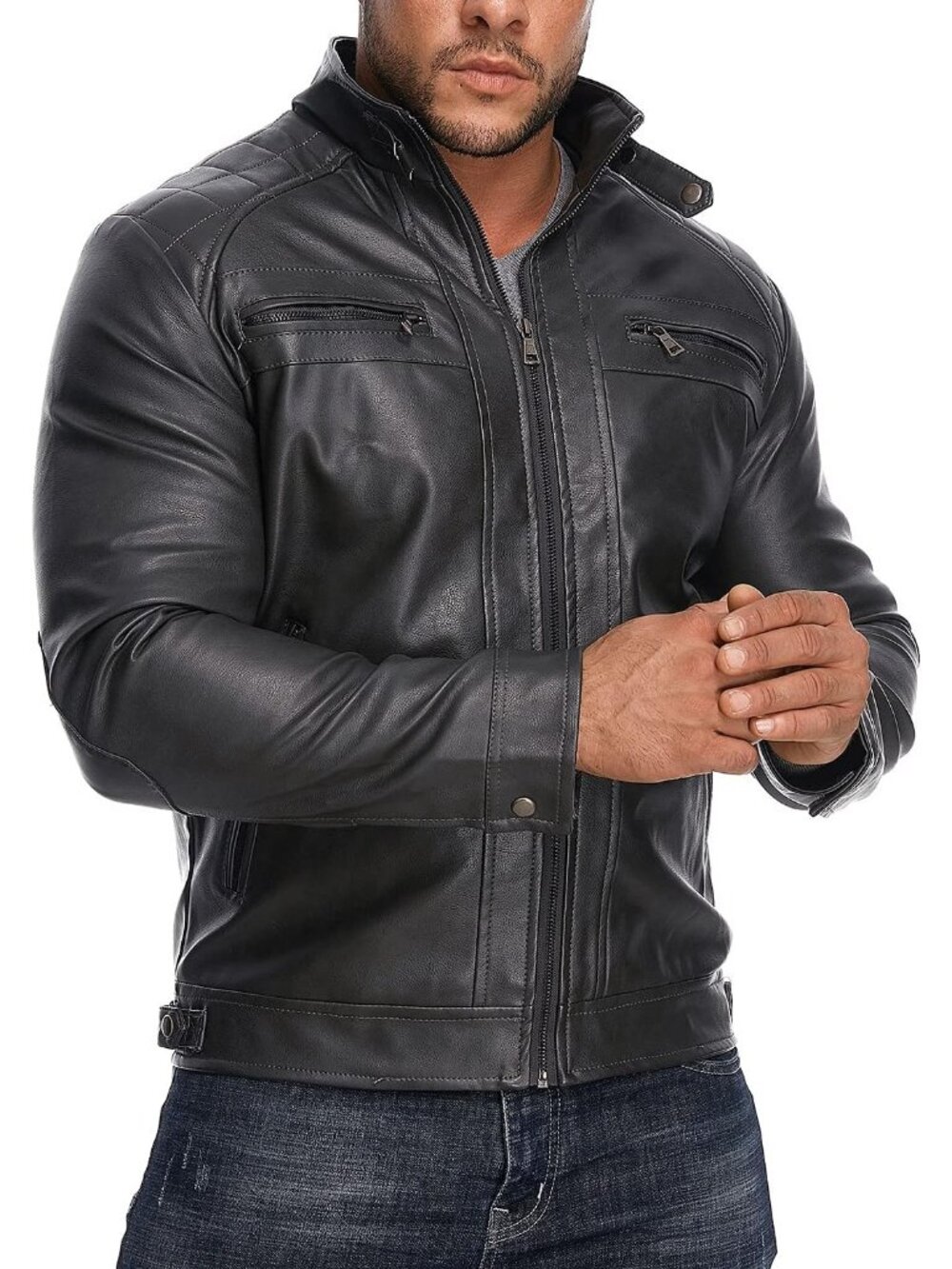 Men’s Black Leather Stand Collar Long Sleeve Aviator Pockets Motorcycle Jacket